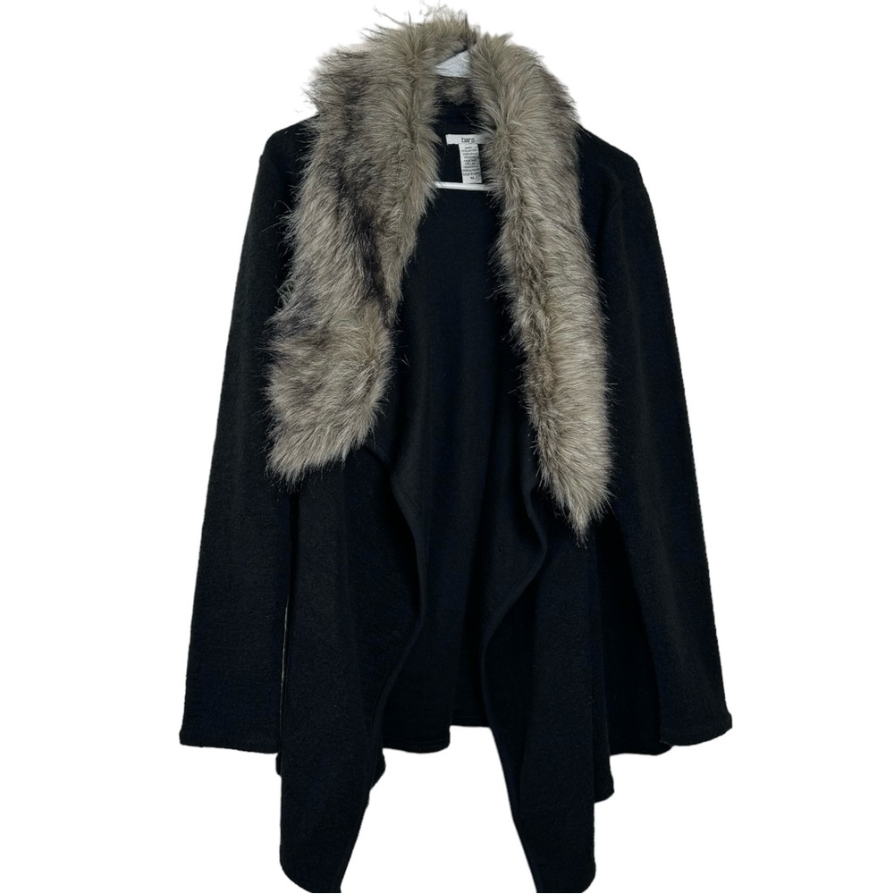 Bar III Cotton Wool Blend Black Cardigan Sweater with removable faux fur Size M
